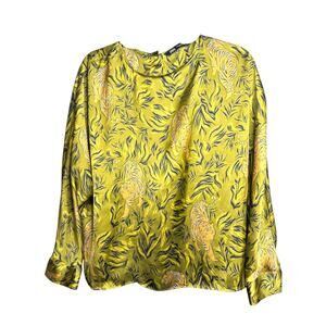 Zara Satin Tiger Print Blouse Yellow Green Long Sleeve Top size Medium Women’s